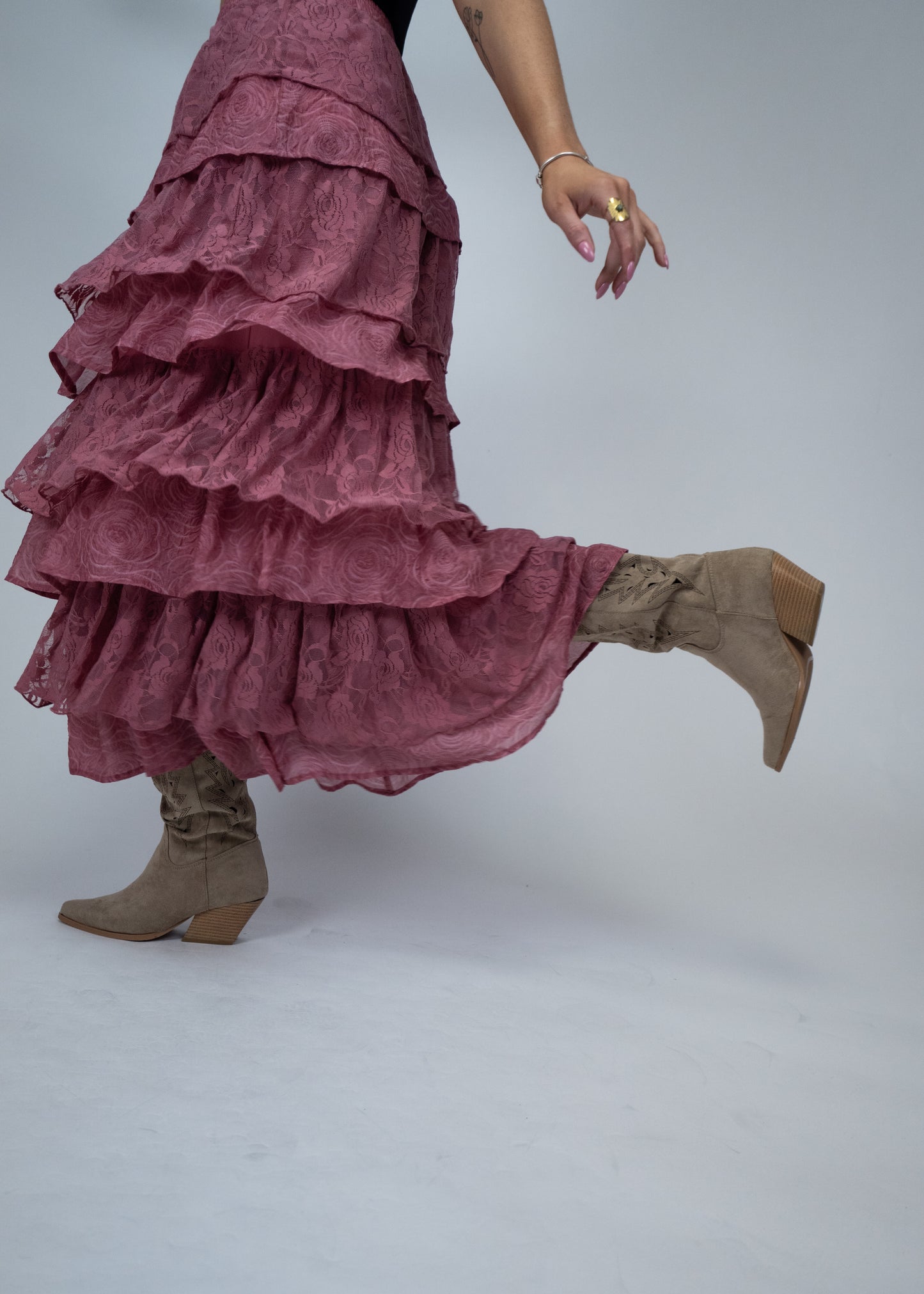 Lace and Rose Jacquard Ruffle Tiered Maxi Skirt dusty rose