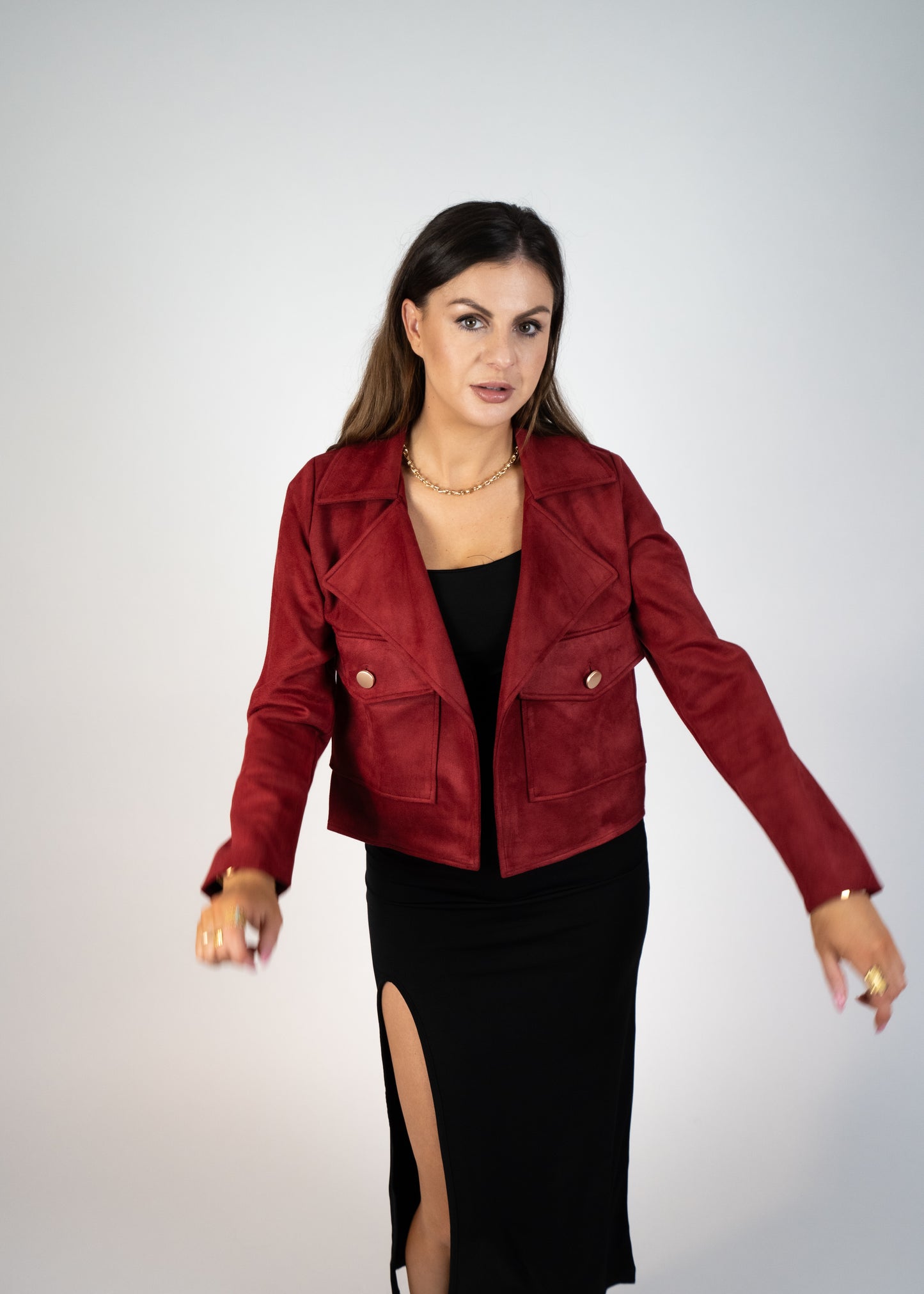 burgundy faux suede jacket with front open