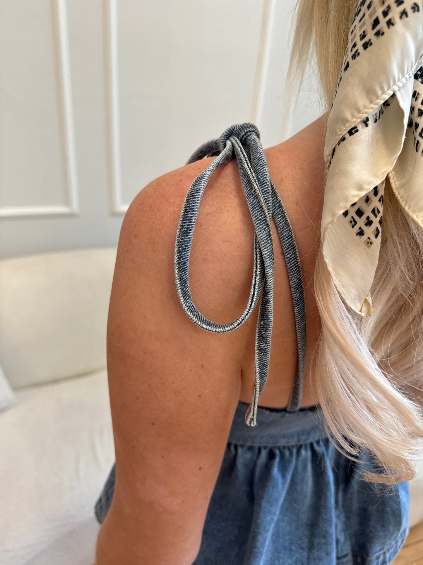 Sicily Denim Tie-Strap Peplum Top