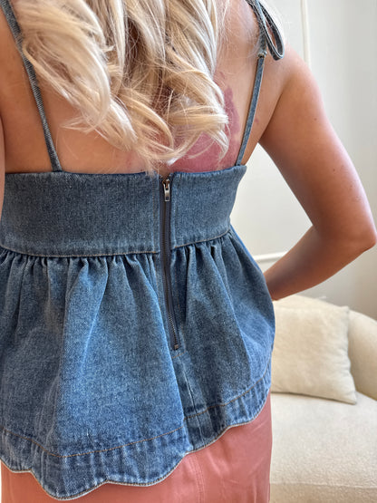 Sicily Denim Tie-Strap Peplum Top