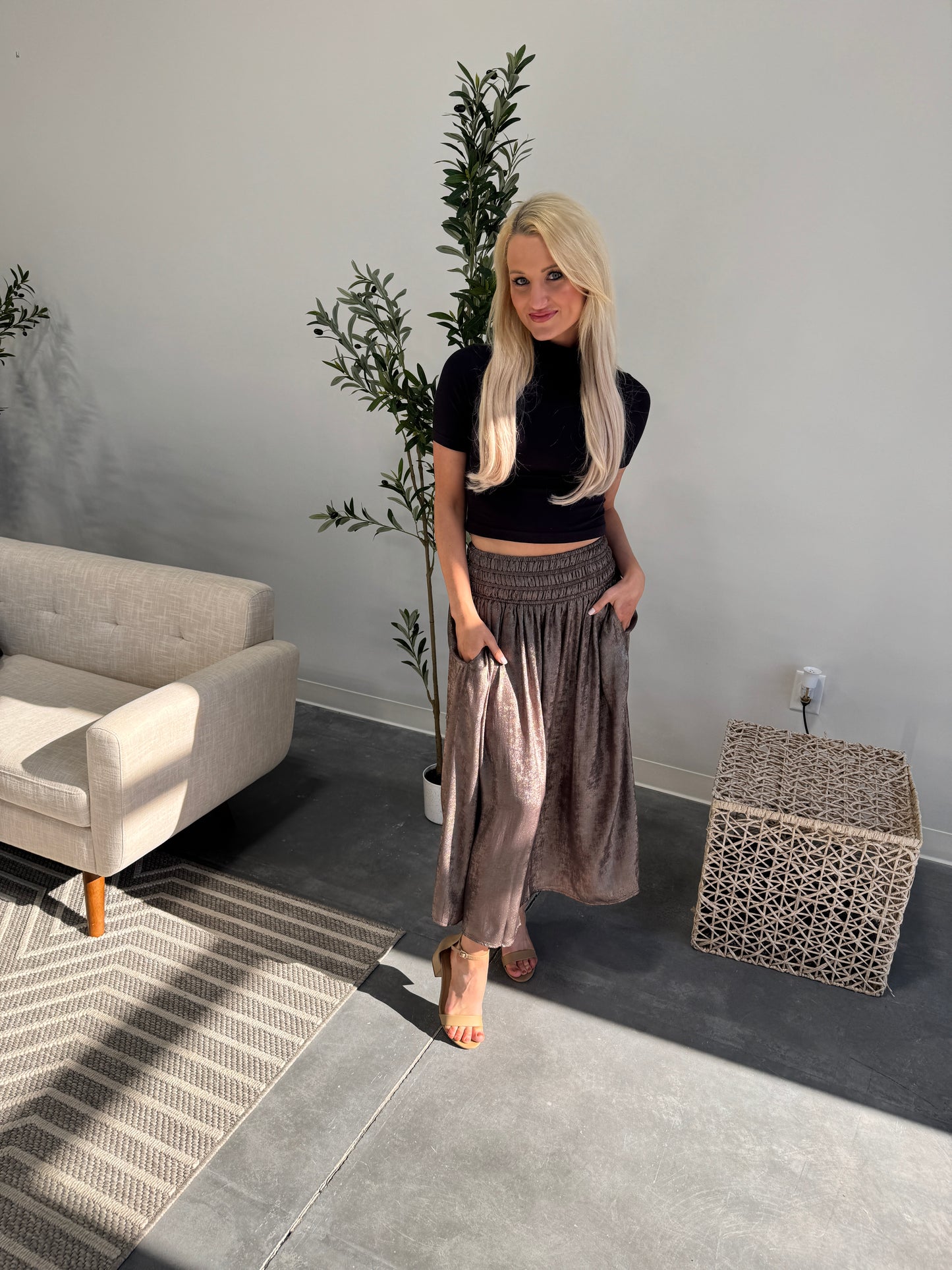 Sienna Metallic Smocking Waist Midi Skirt