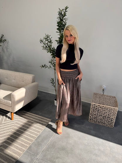 Sienna Metallic Smocking Waist Midi Skirt