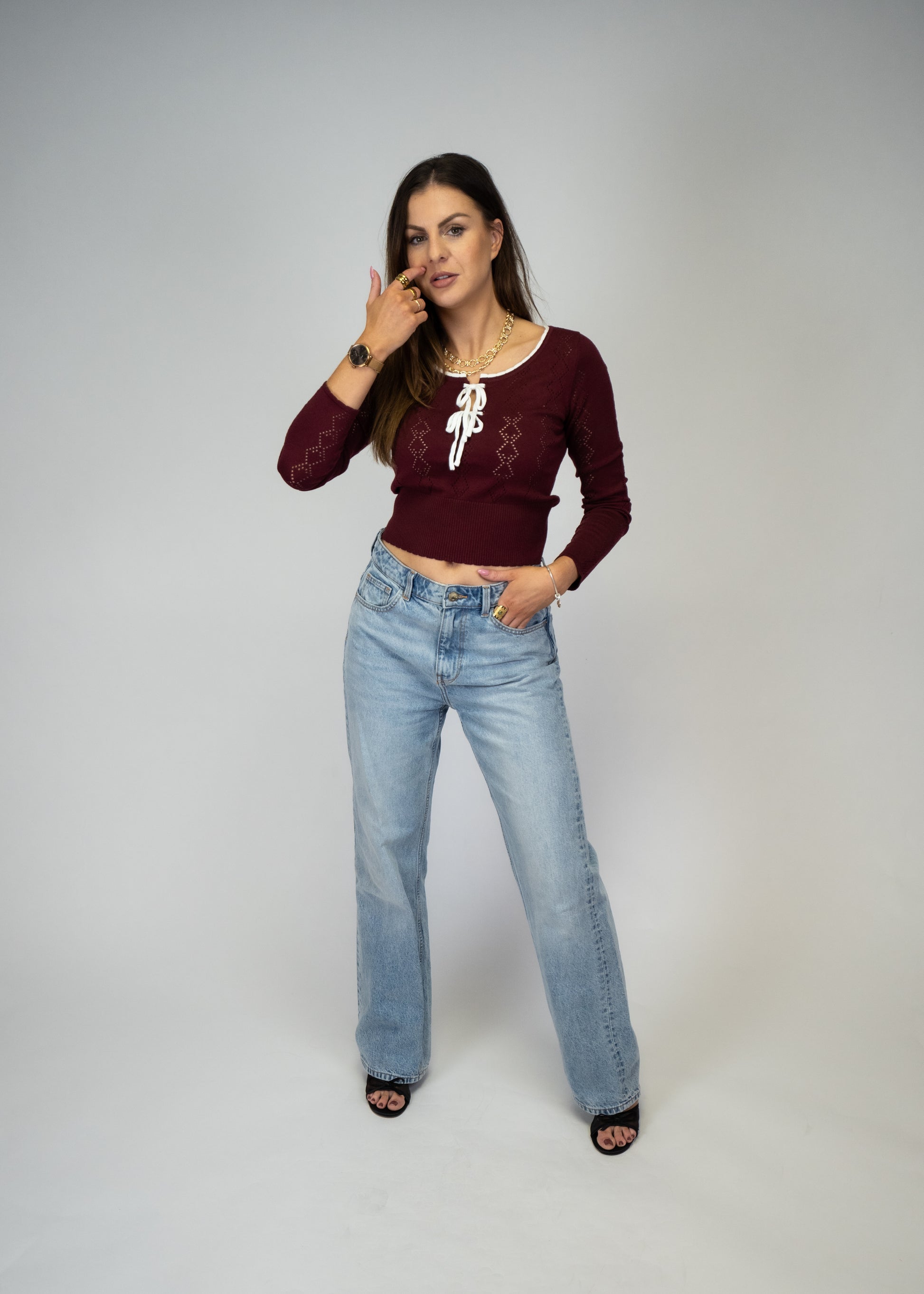Burgundy Front Bows Pointelle Sweater Crop Top