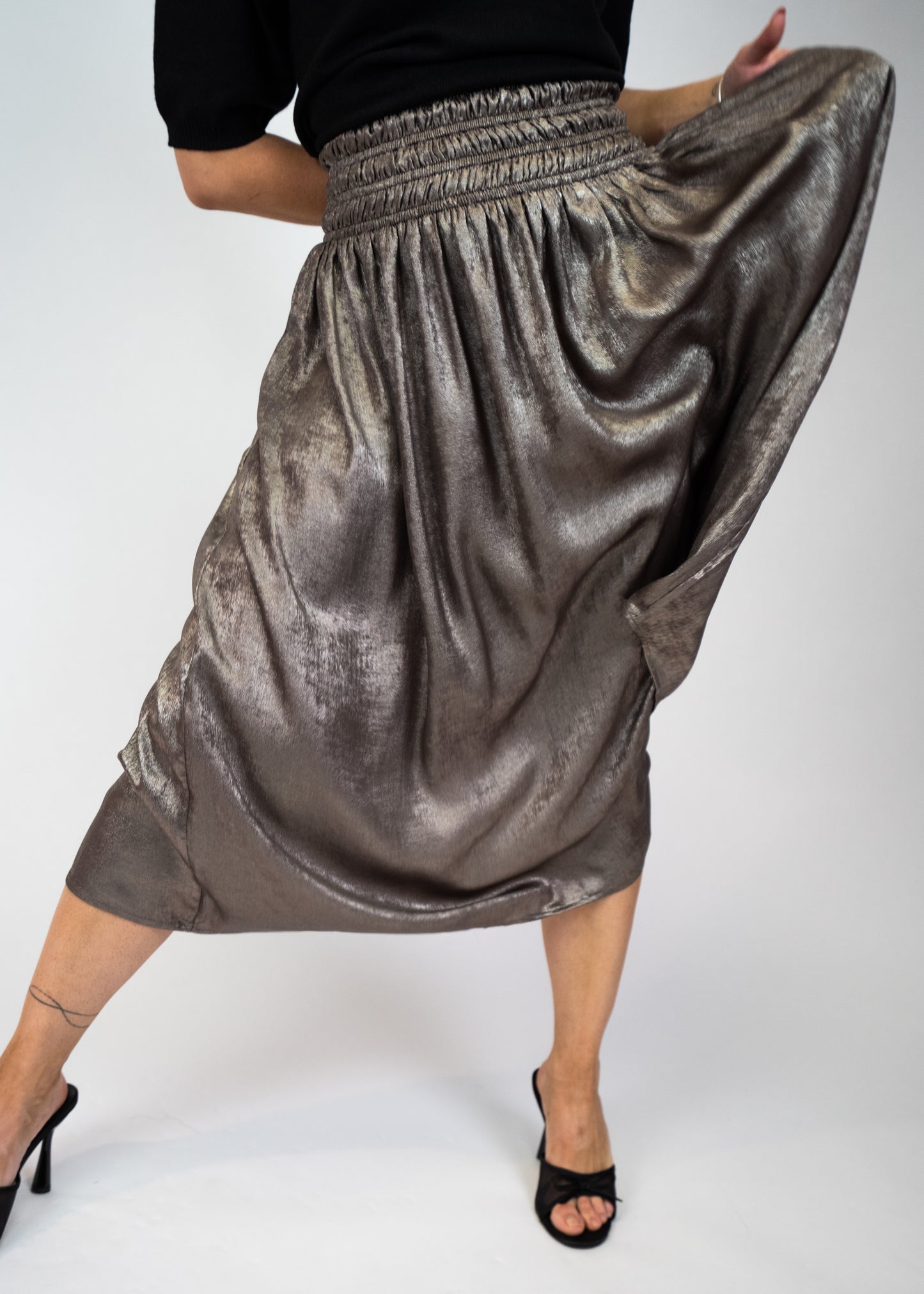 Sienna Metallic Smocking Waist Midi Skirt
