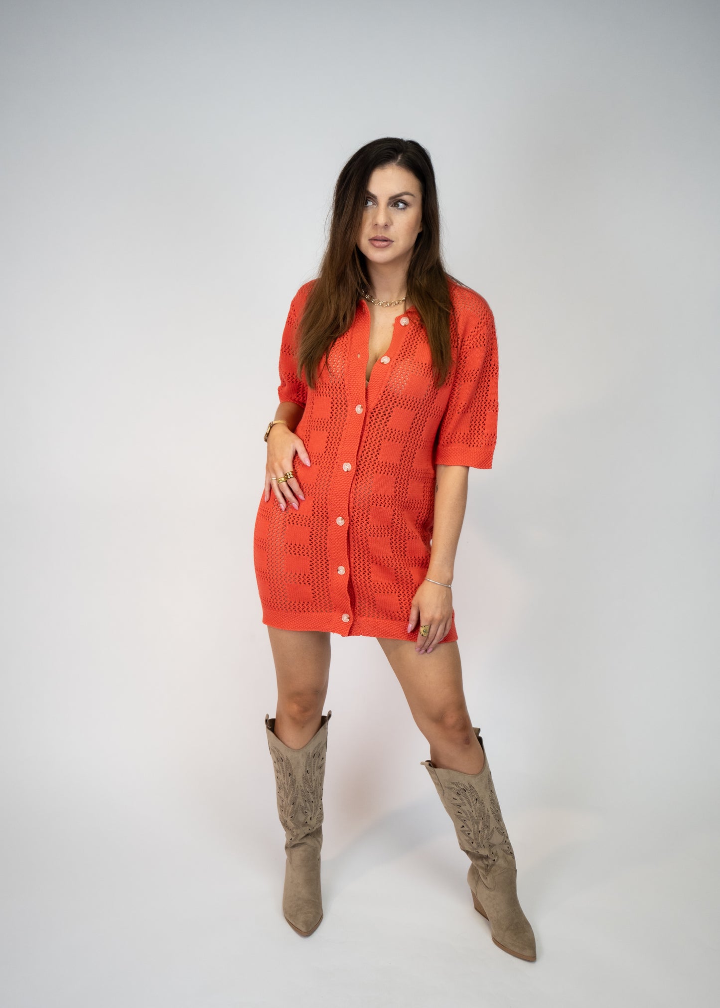 Red 100% cotton knit Sweater Cardigan Mini Dress