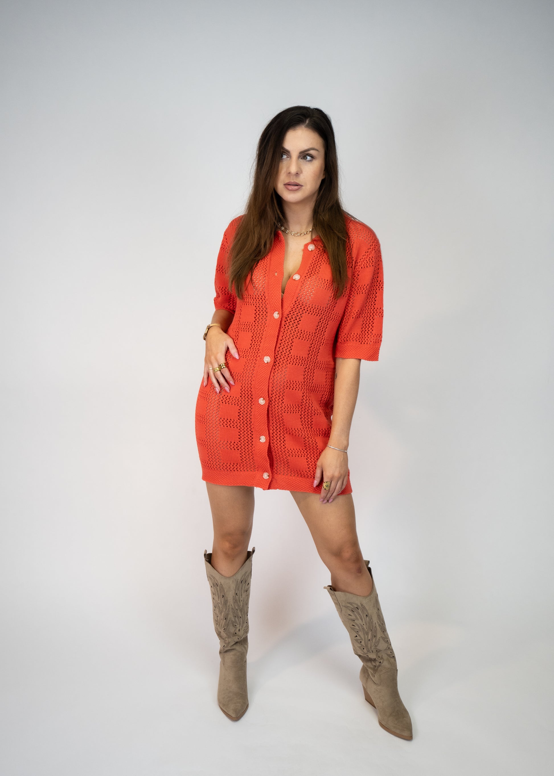 Red 100% cotton knit Sweater Cardigan Mini Dress