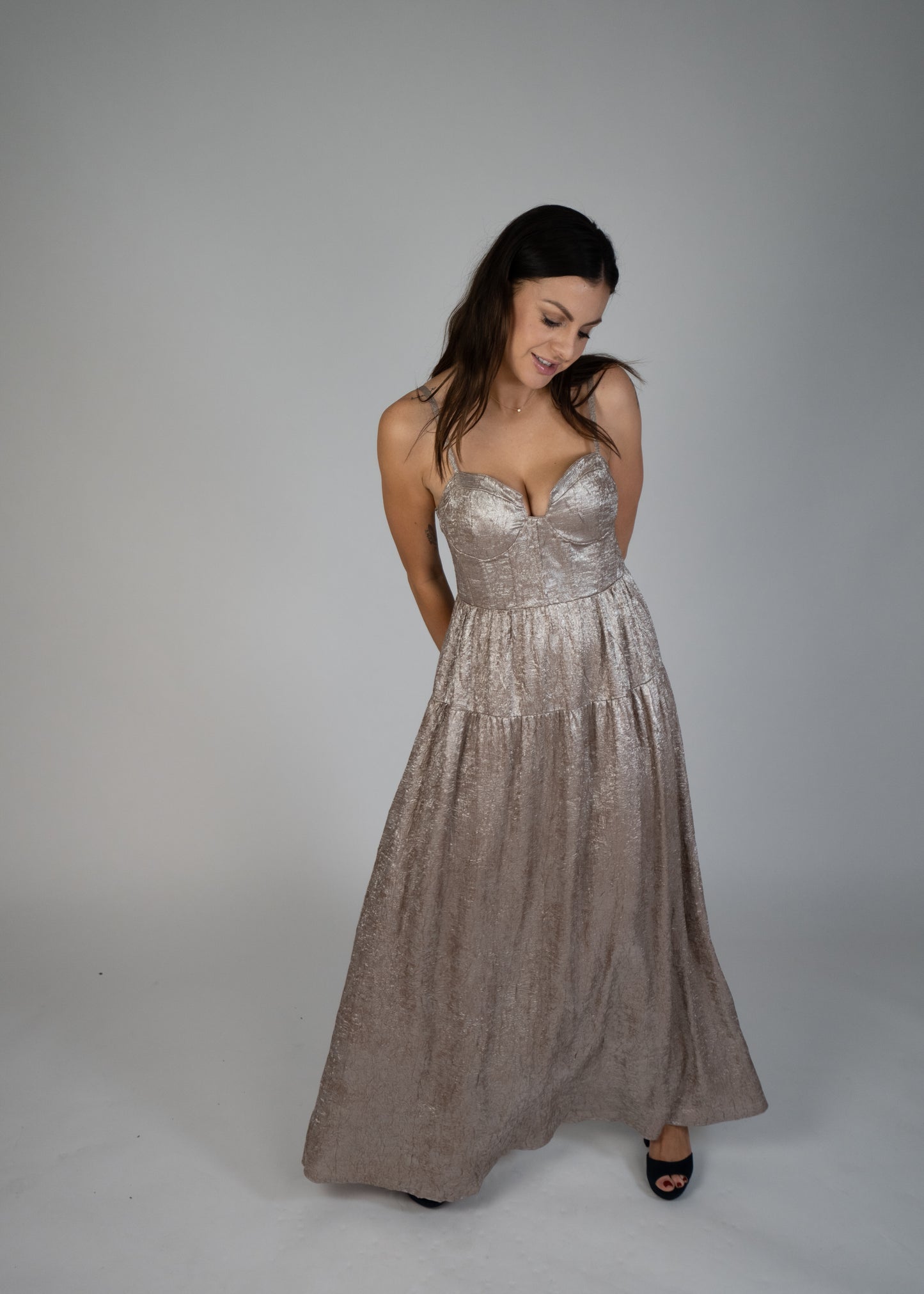 Aurora Textured Metallic Fit-And-Flare Corset Maxi Dress