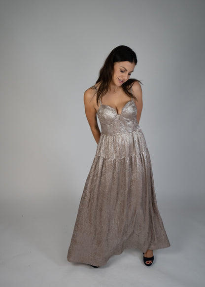Aurora Textured Metallic Fit-And-Flare Corset Maxi Dress