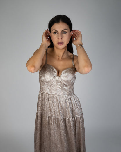 Aurora Textured Metallic Fit-And-Flare Corset Maxi Dress