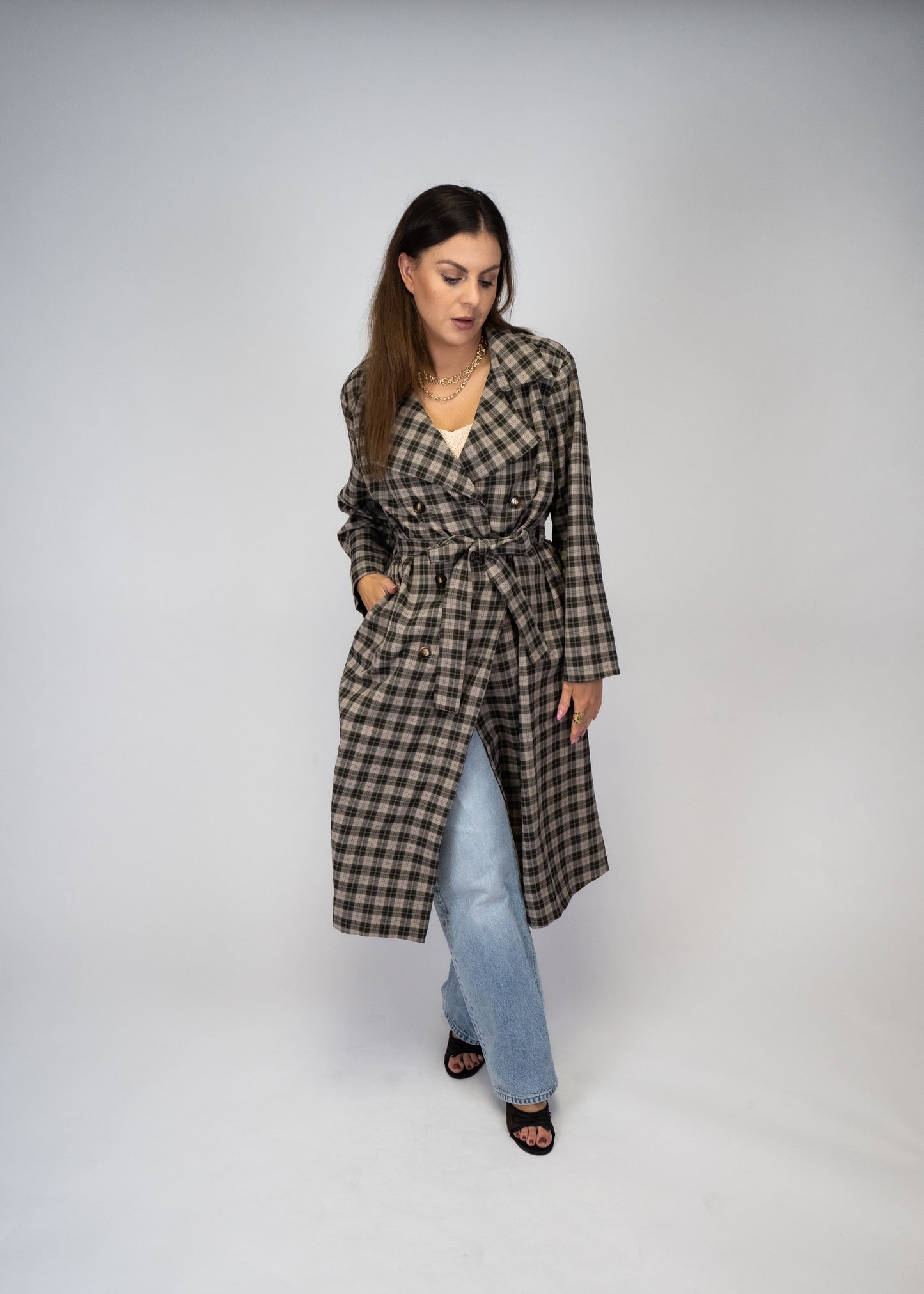 Brooklyn Chic Plaid Woven Trench Coat