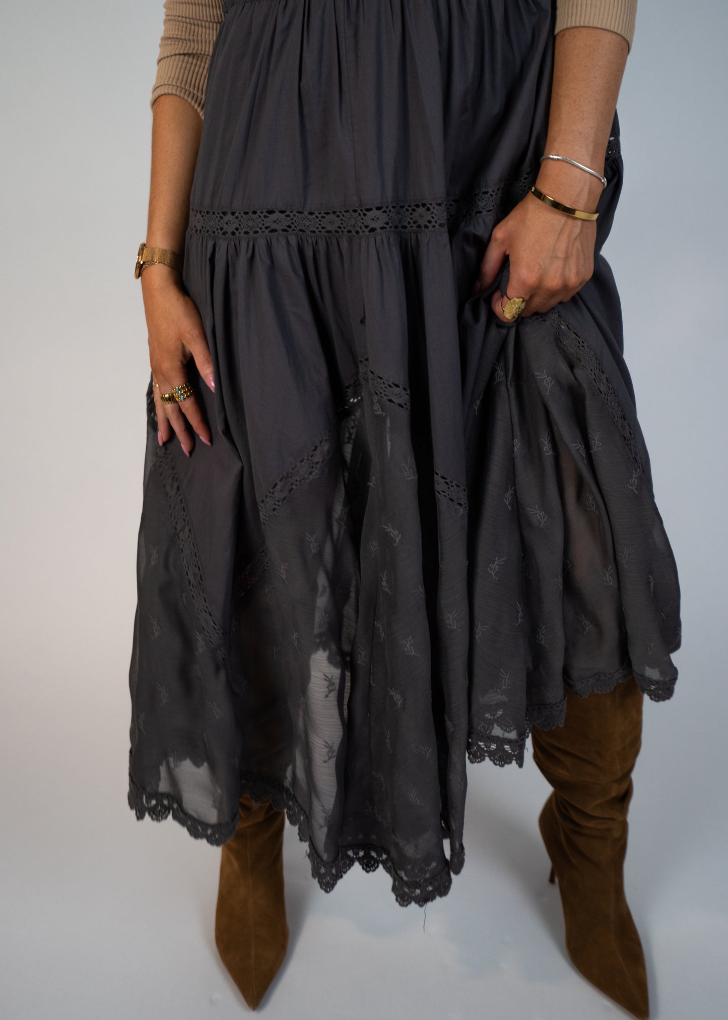 Louvre Lace Embroidered Tulle Bib Maxi Dress
