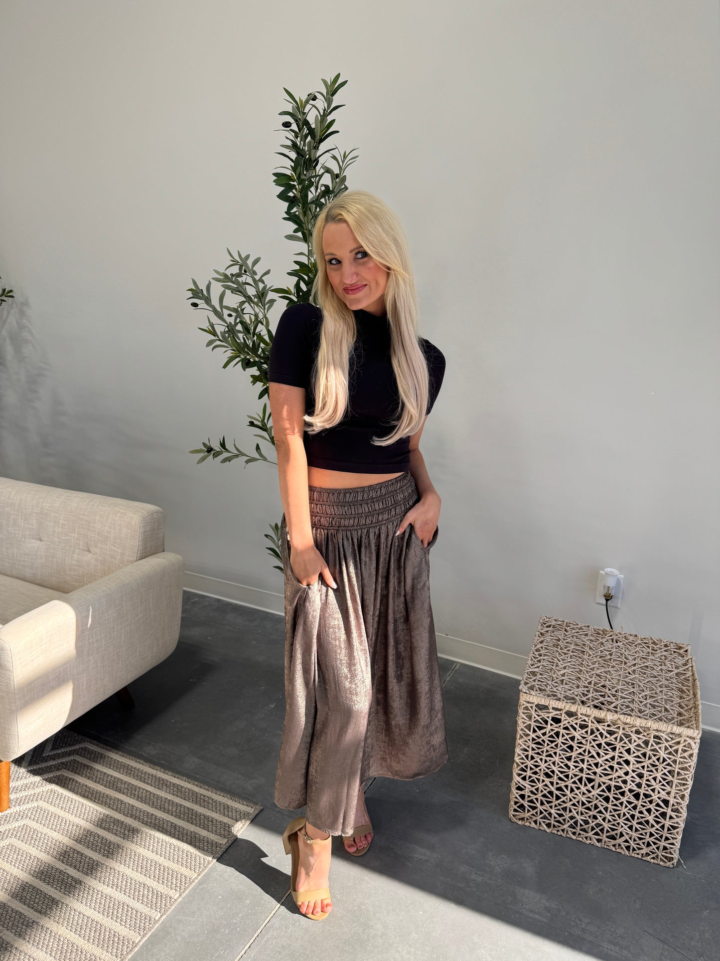 Sienna Metallic Smocking Waist Midi Skirt