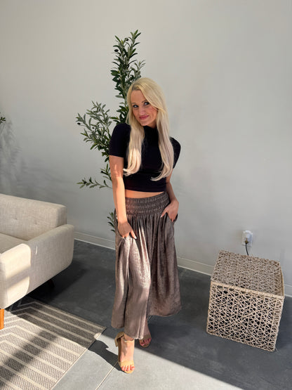 Sienna Metallic Smocking Waist Midi Skirt