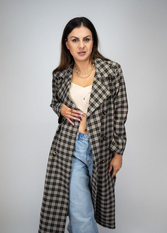 Plaid Woven Long Trench Coat 