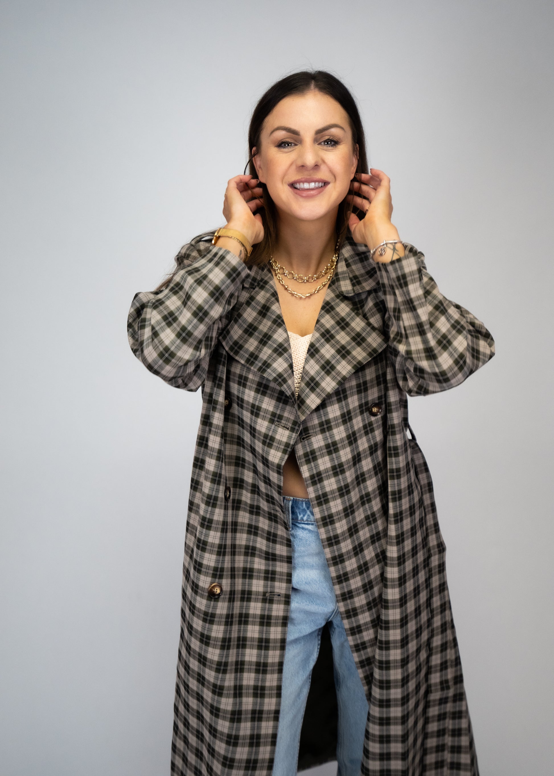 Plaid Woven Long Trench Coat 