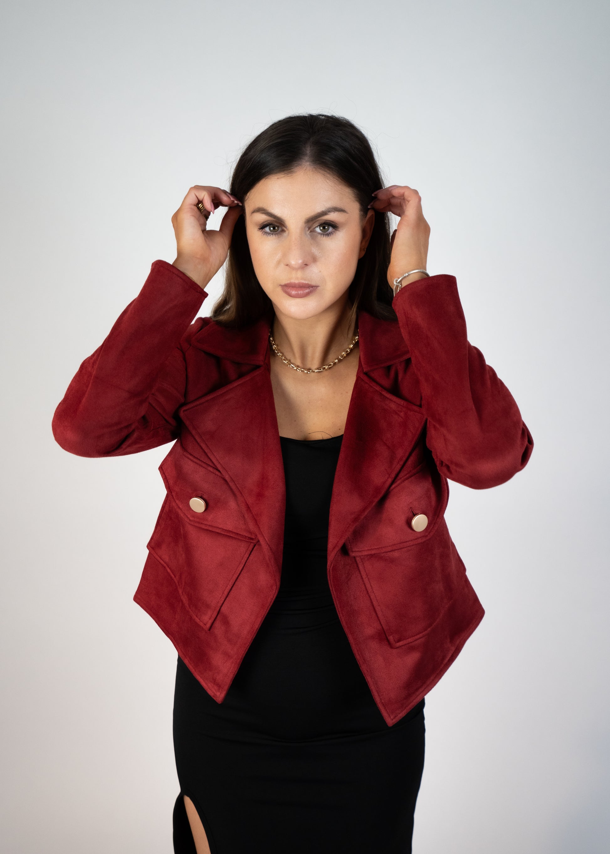 burgundy faux suede jacket with front open 
