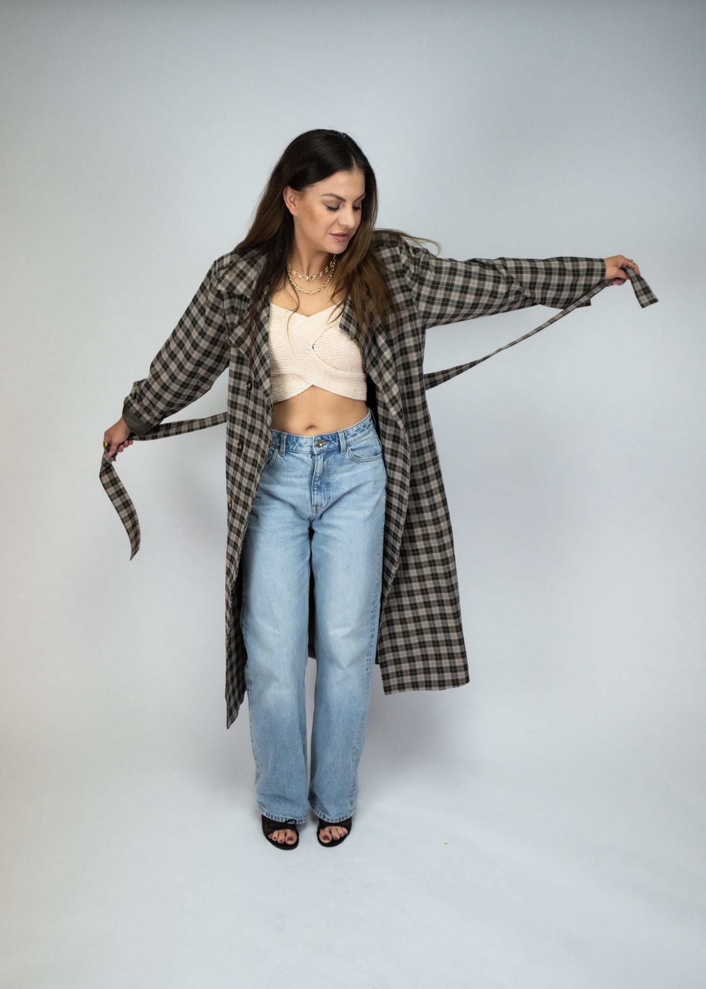 Plaid Woven Long Trench Coat
