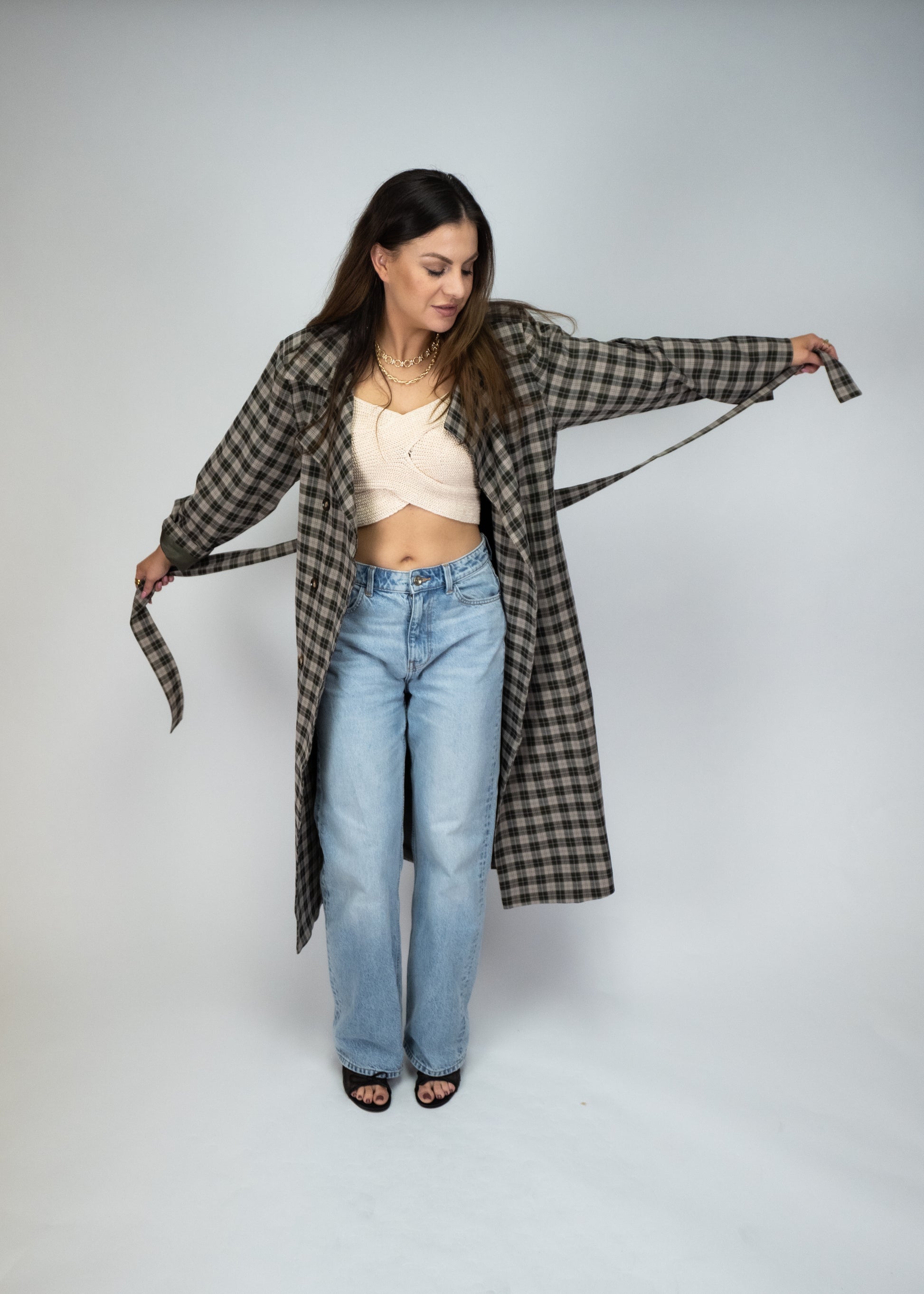 Plaid Woven Long Trench Coat